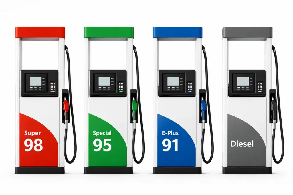 Comparison of UAE petrol grades Super 98, Special 95, E-Plus 91 and Diesel with  2026 prices
