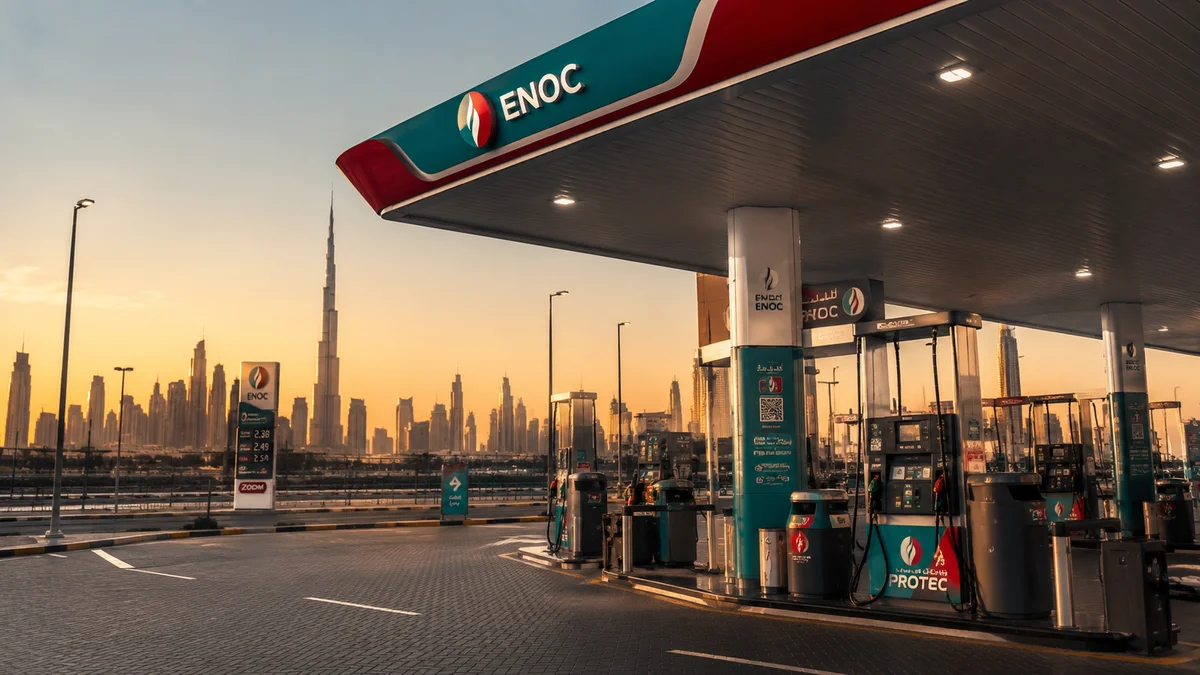 Petrol price in Dubai — ENOC fuel station with downtown skyline in background