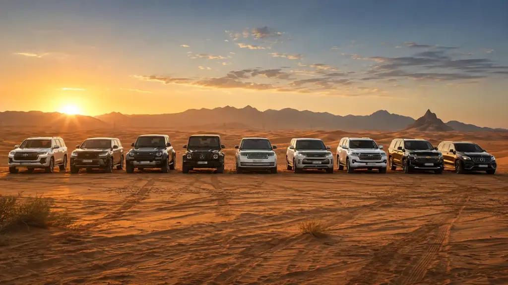 Best SUV for desert safari Dubai — nine desert-ready SUVs parked on golden dunes at sunset.