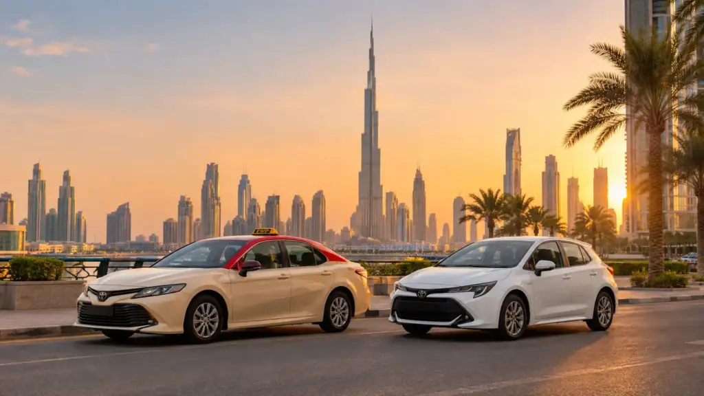 Taxi vs car rental in Dubai 2026 cost comparison on a city street