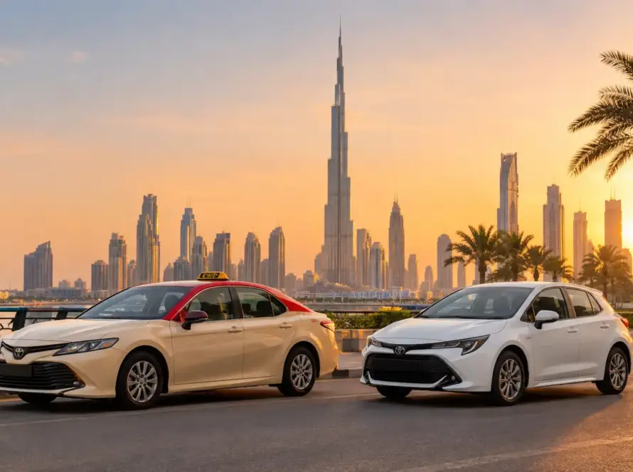 Taxi vs car rental in Dubai 2026 cost comparison on a city street
