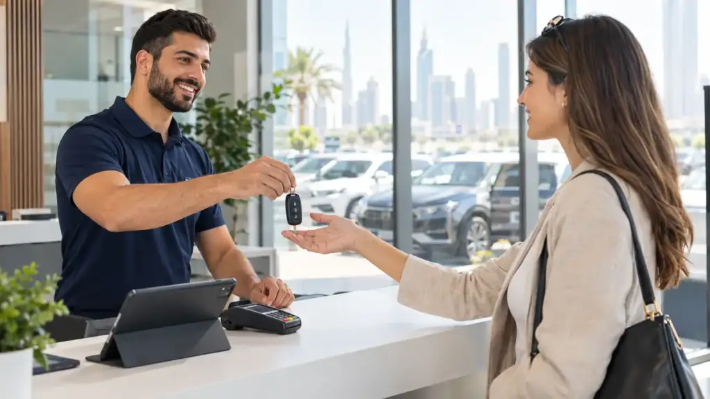 comparing car leasing vs car rental. Customer receiving car keys for a monthly car rental in Dubai