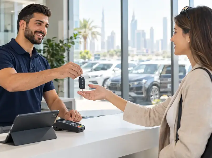 comparing car leasing vs car rental. Customer receiving car keys for a monthly car rental in Dubai