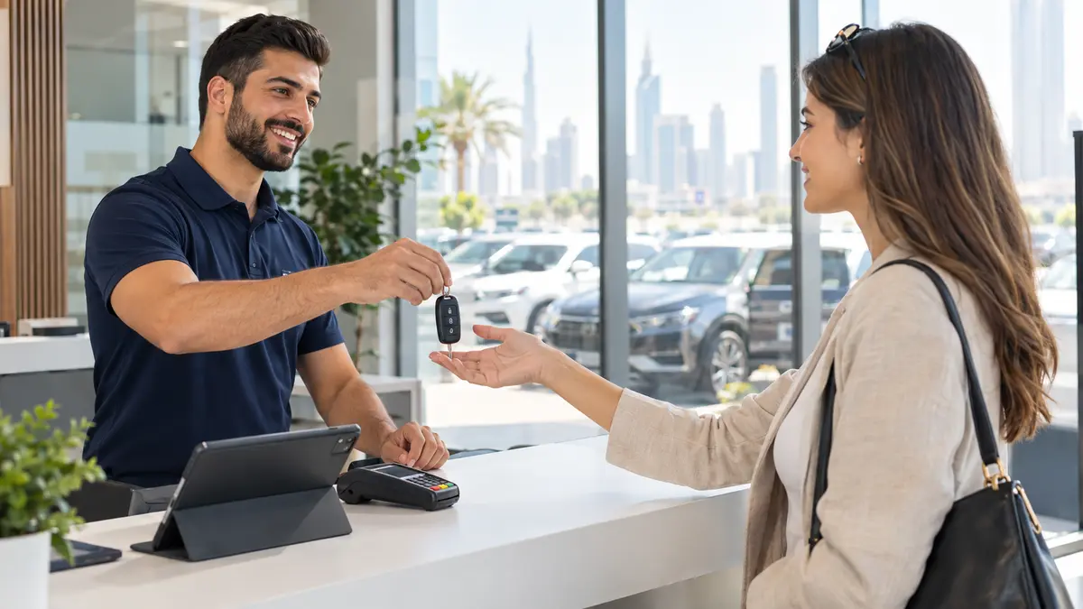 comparing car leasing vs car rental. Customer receiving car keys for a monthly car rental in Dubai