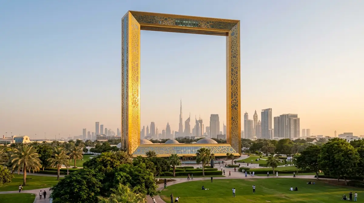 Outdoor Photoshoot Locations in Dubai - Dubai Frame golden facade at sunset in Zabeel Park