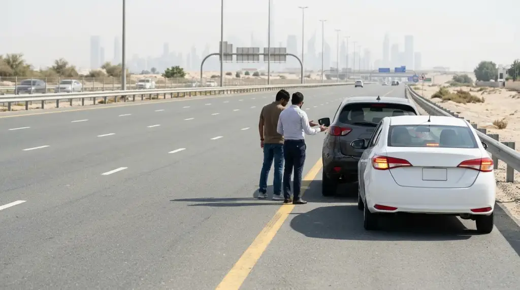 Minor rental car accident in Dubai with drivers documenting vehicle damage
