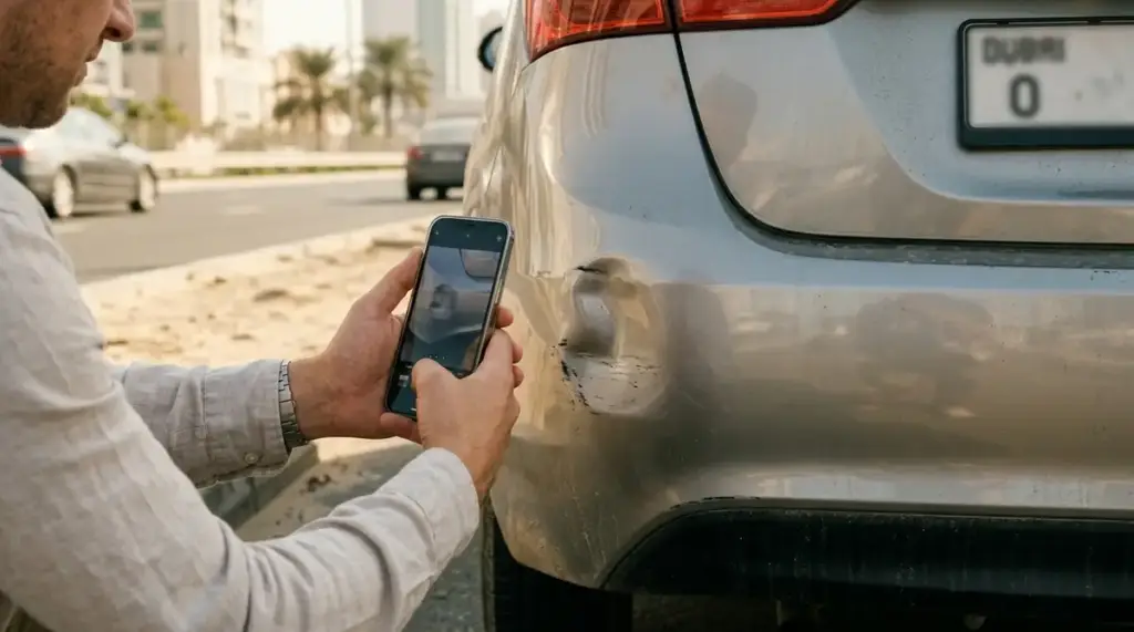 Photographing rental car damage and vehicle details after an accident in Dubai